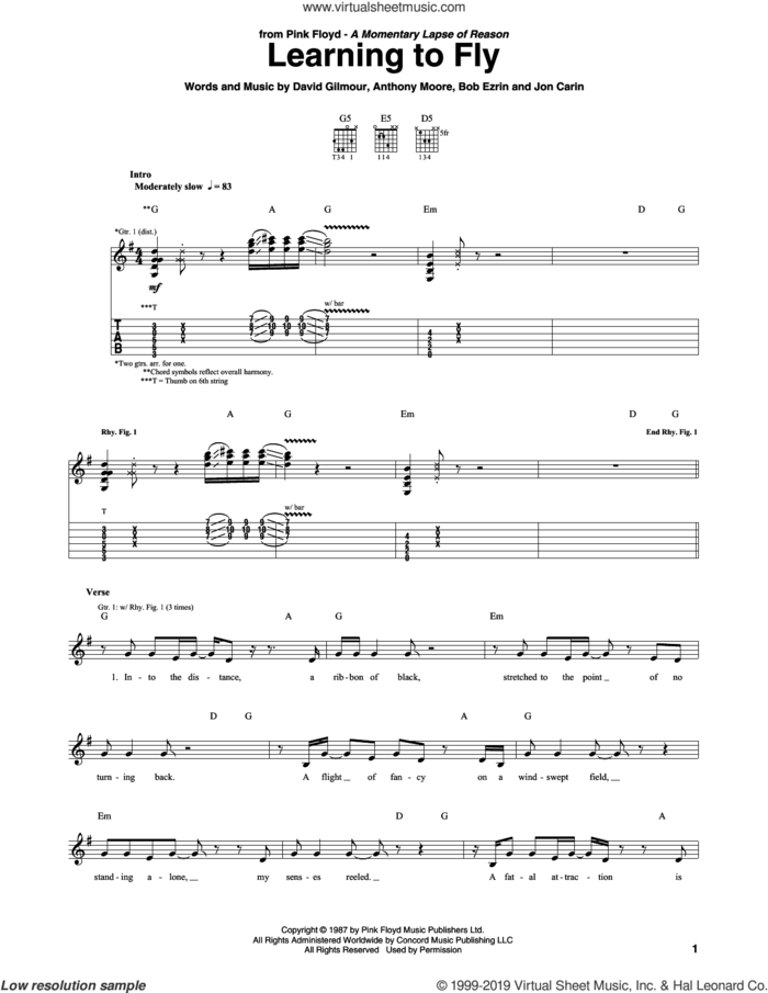 Learning To Fly sheet music for guitar (tablature) by Pink Floyd, Anthony Moore, Bob Ezrin, David Gilmour and Jon Carin, intermediate skill level