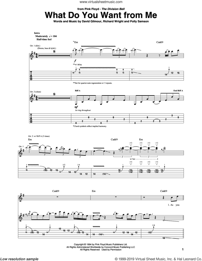What Do You Want From Me sheet music for guitar (tablature) by Pink Floyd, David Gilmour, Polly Samson and Richard Wright, intermediate skill level