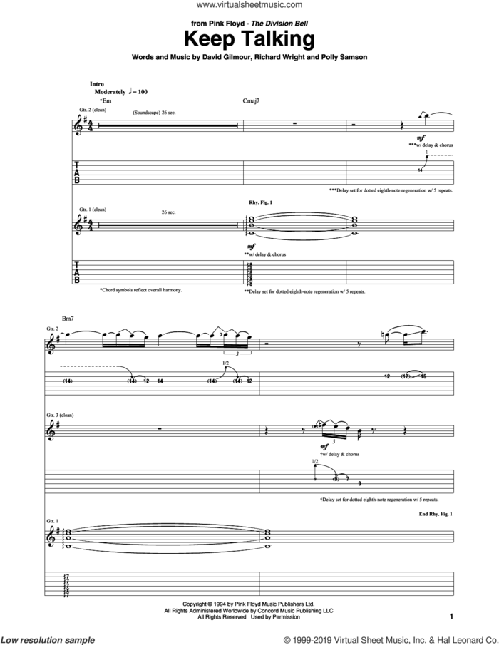 Keep Talking sheet music for guitar (tablature) by Pink Floyd, David  Gilmour, Polly Samson and Richard Wright, intermediate skill level