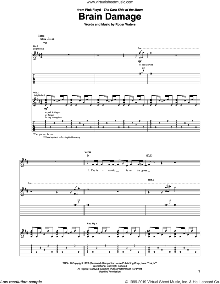 Brain Damage sheet music for guitar (tablature) by Pink Floyd and Roger Waters, intermediate skill level