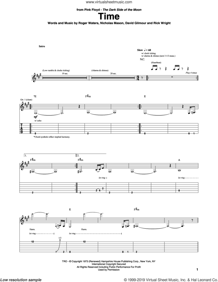 Time sheet music for guitar (tablature) by Pink Floyd, David Gilmour, Nicholas Mason, Richard Wright and Roger Waters, intermediate skill level