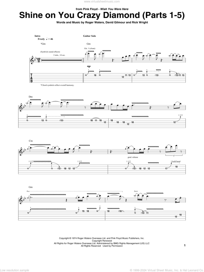 Shine On You Crazy Diamond (Parts 1-5) sheet music for guitar (tablature) by Pink Floyd, David Gilmour, Richard Wright and Roger Waters, intermediate skill level