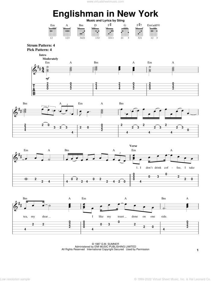 Englishman In New York sheet music for guitar solo (easy tablature) by Sting, easy guitar (easy tablature)