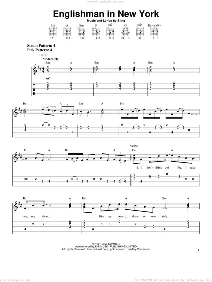 Englishman In New York sheet music for guitar solo (easy tablature) by Sting, easy guitar (easy tablature)