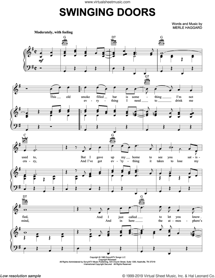 Swinging Doors sheet music for voice, piano or guitar by Merle Haggard, intermediate skill level