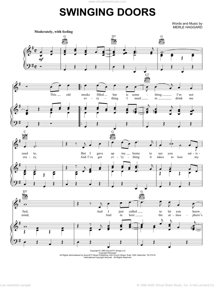 Swinging Doors sheet music for voice, piano or guitar by Merle Haggard, intermediate skill level