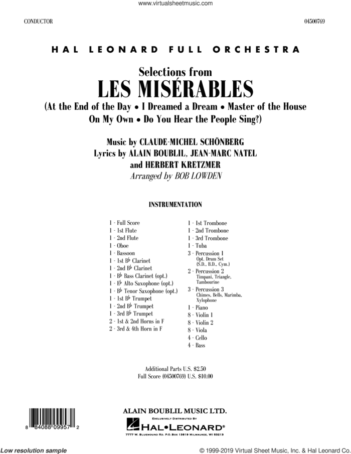 Selections from Les Miserables (arr. Bob Lowden) (COMPLETE) sheet music for full orchestra by Alain Boublil, Bob Lowden, Claude-Michael Schonberg and Claude-Michel Schonberg, intermediate skill level