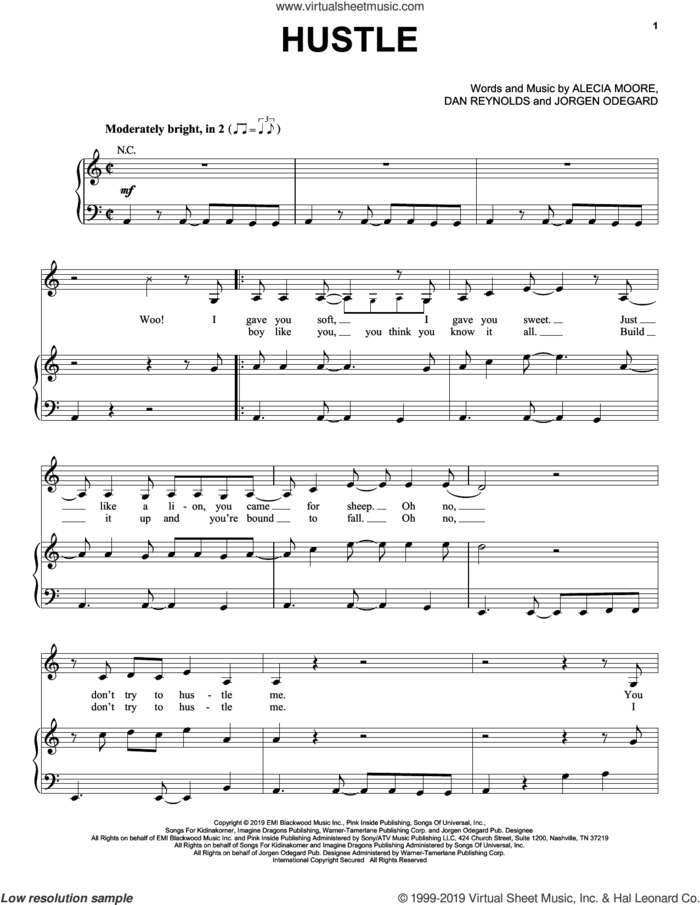Hustle sheet music for voice, piano or guitar , Alecia Moore, Dan Reynolds and Jorgen Odegard, intermediate skill level