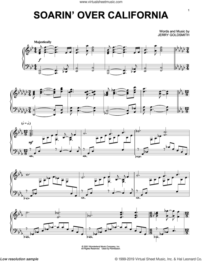 Soarin' Over California sheet music for piano solo by Jerry Goldsmith, intermediate skill level