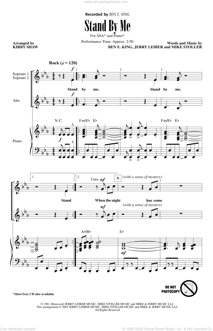 Stand By Me (arr. Kirby Shaw) sheet music for choir (SSA: soprano, alto) by Ben E. King, Kirby Shaw, Jerry Leiber and Mike Stoller, intermediate skill level