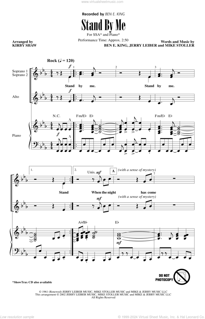 Stand By Me (arr. Kirby Shaw) sheet music for choir (SSA: soprano, alto) by Ben E. King, Kirby Shaw, Jerry Leiber and Mike Stoller, intermediate skill level