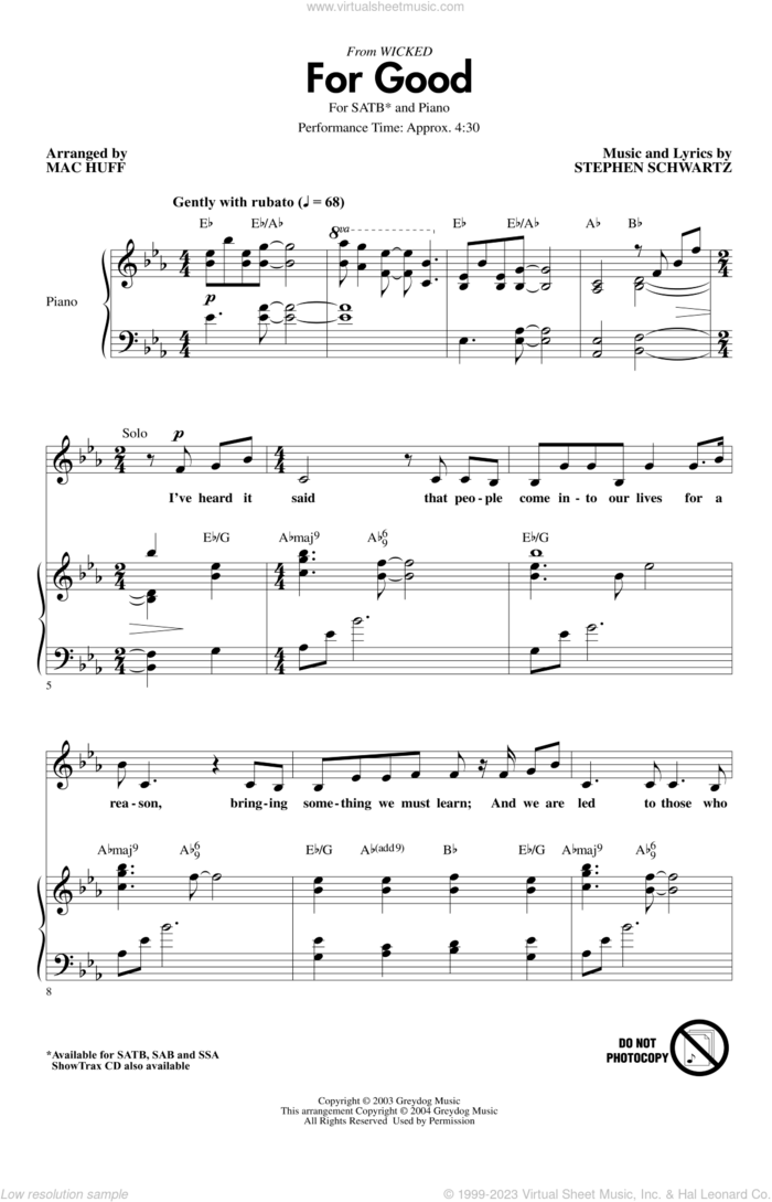 For Good (from Wicked) (arr. Mac Huff) sheet music for choir (SATB: soprano, alto, tenor, bass) by Stephen Schwartz and Mac Huff, intermediate skill level
