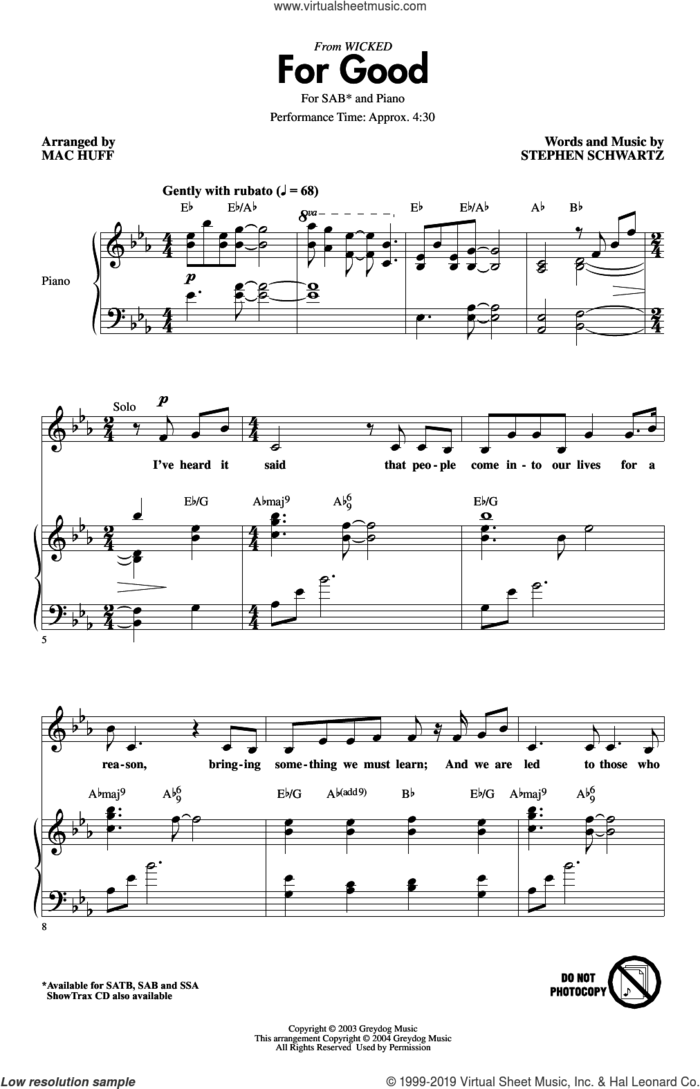 For Good (from Wicked) (arr. Mac Huff) sheet music for choir (SAB: soprano, alto, bass) by Stephen Schwartz and Mac Huff, intermediate skill level