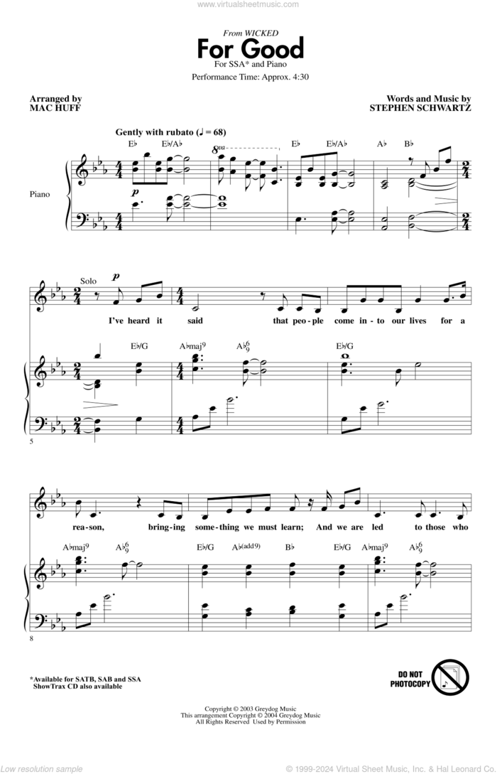 For Good (from Wicked) (arr. Mac Huff) sheet music for choir (SSA: soprano, alto) by Stephen Schwartz and Mac Huff, intermediate skill level