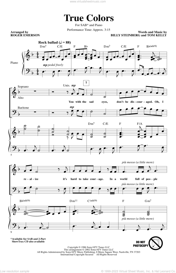 True Colors (arr. Roger Emerson) sheet music for choir (SAB: soprano, alto, bass) by Cyndi Lauper and Roger Emerson, intermediate skill level