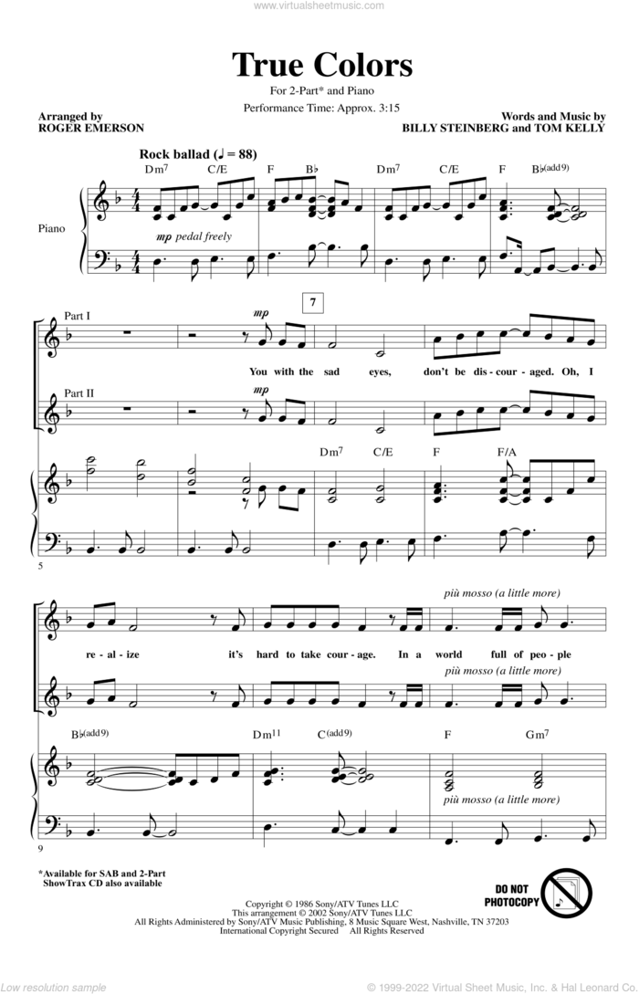 True Colors (arr. Roger Emerson) sheet music for choir (2-Part) by Cyndi Lauper and Roger Emerson, intermediate duet