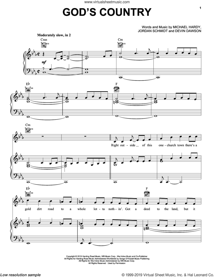 God's Country sheet music for voice, piano or guitar by Blake Shelton, Devin Dawson, Jordan Schmidt and Michael Hardy, intermediate skill level