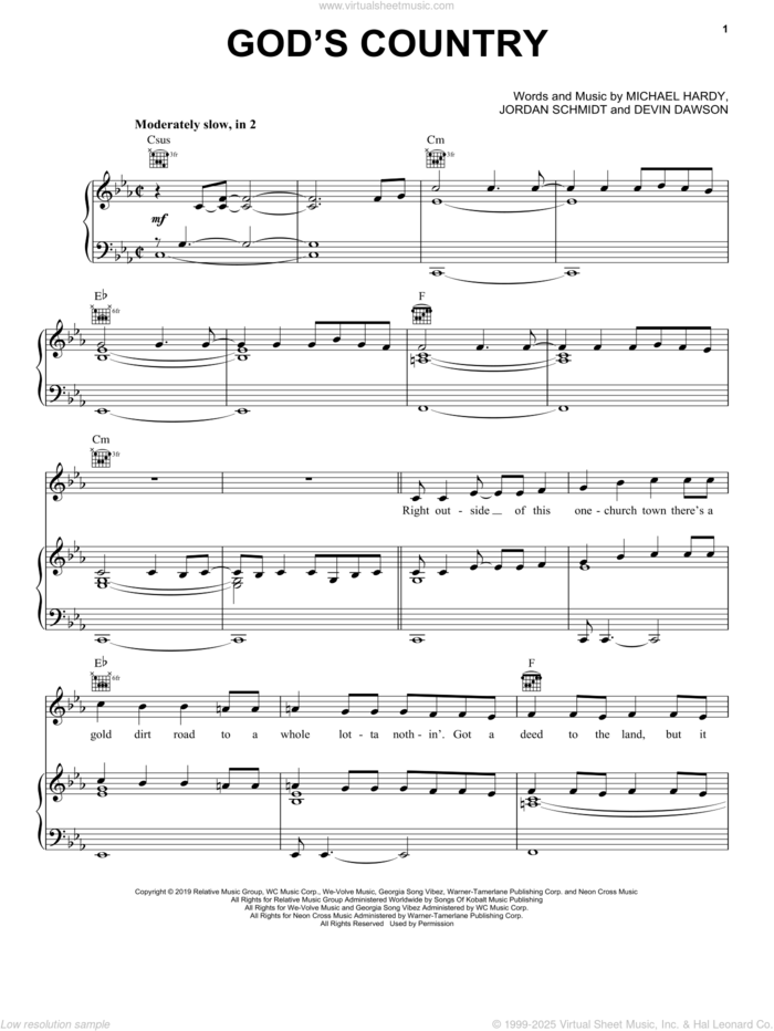 God's Country sheet music for voice, piano or guitar by Blake Shelton, Devin Dawson, Jordan Schmidt and Michael Hardy, intermediate skill level