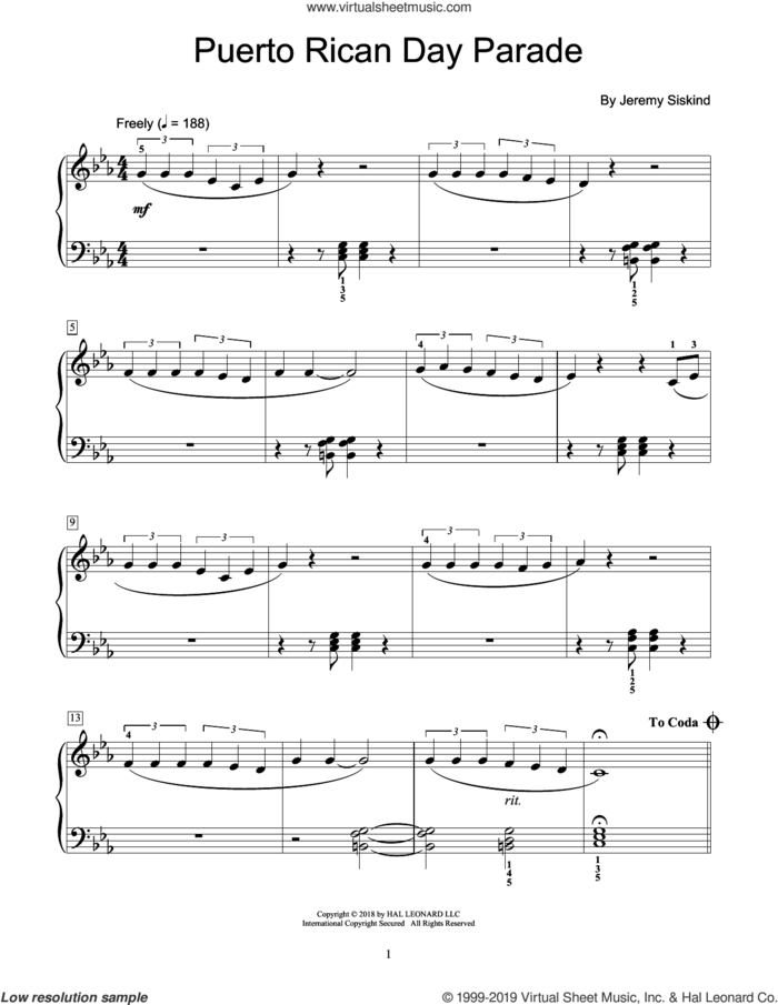 Puerto Rican Day Parade sheet music for piano solo (elementary) by Jeremy Siskind, beginner piano (elementary)