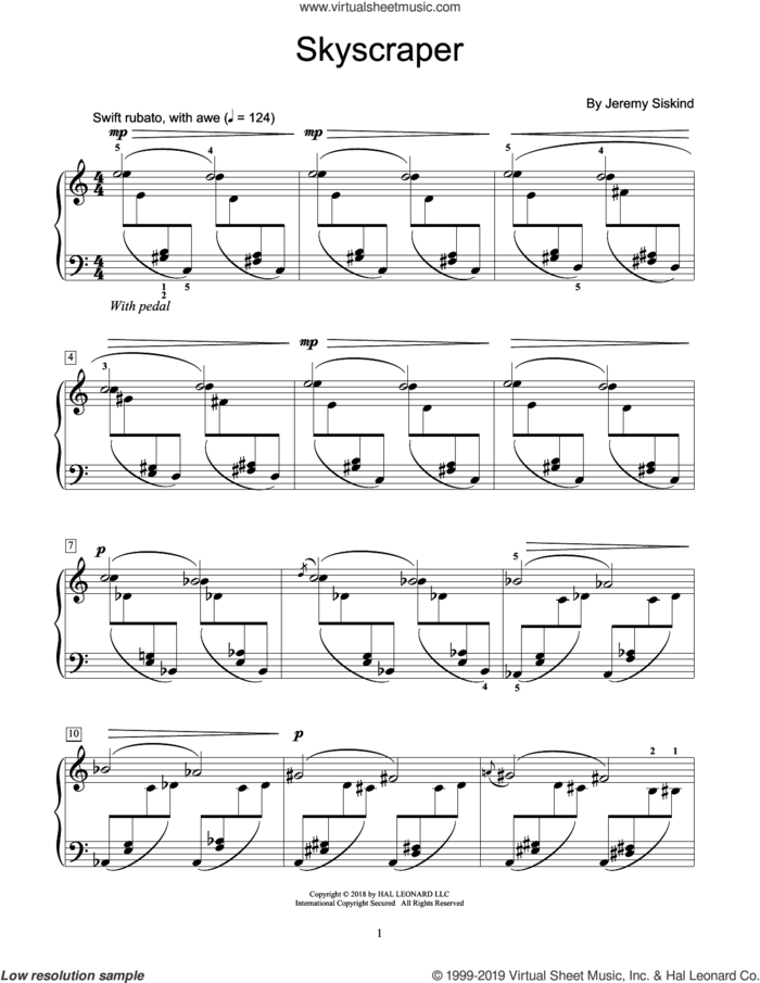 Skyscraper sheet music for piano solo (elementary) by Jeremy Siskind, beginner piano (elementary)