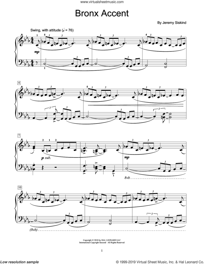 Bronx Accent sheet music for piano solo (elementary) by Jeremy Siskind, beginner piano (elementary)