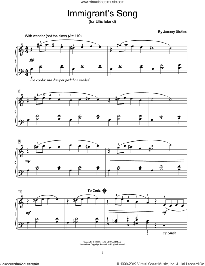 Immigrant's Song sheet music for piano solo (elementary) by Jeremy Siskind, beginner piano (elementary)