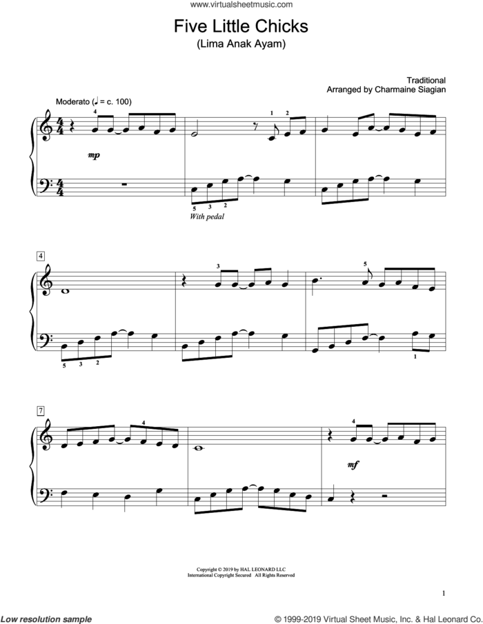 Five Little Chicks (Lima Anak Ayam) (arr. Charmaine Siagian) sheet music for piano solo (elementary)  and Charmaine Siagian, beginner piano (elementary)