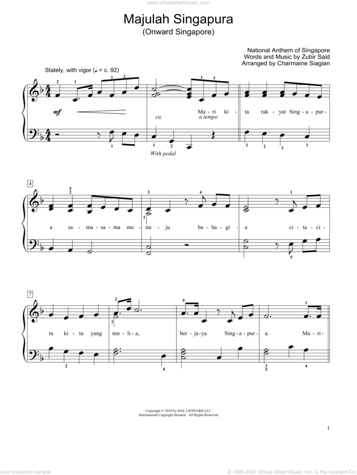 Onward Singapore (Majulah Singapura) (arr. Charmaine Siagian) sheet music for piano solo (elementary) by Zubir Said and Charmaine Siagian, beginner piano (elementary)