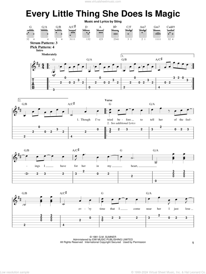 Every Little Thing She Does Is Magic sheet music for guitar solo (easy tablature) by The Police and Sting, easy guitar (easy tablature)