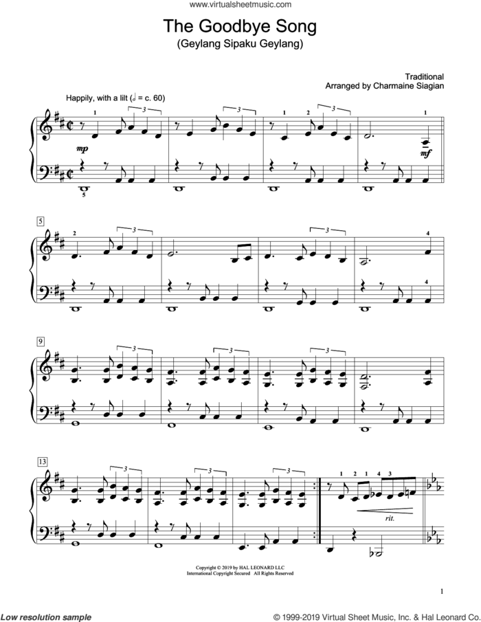 The Goodbye Song (Geylang Sipaku Geylang) (arr. Charmaine Siagian) sheet music for piano solo (elementary)  and Charmaine Siagian, beginner piano (elementary)