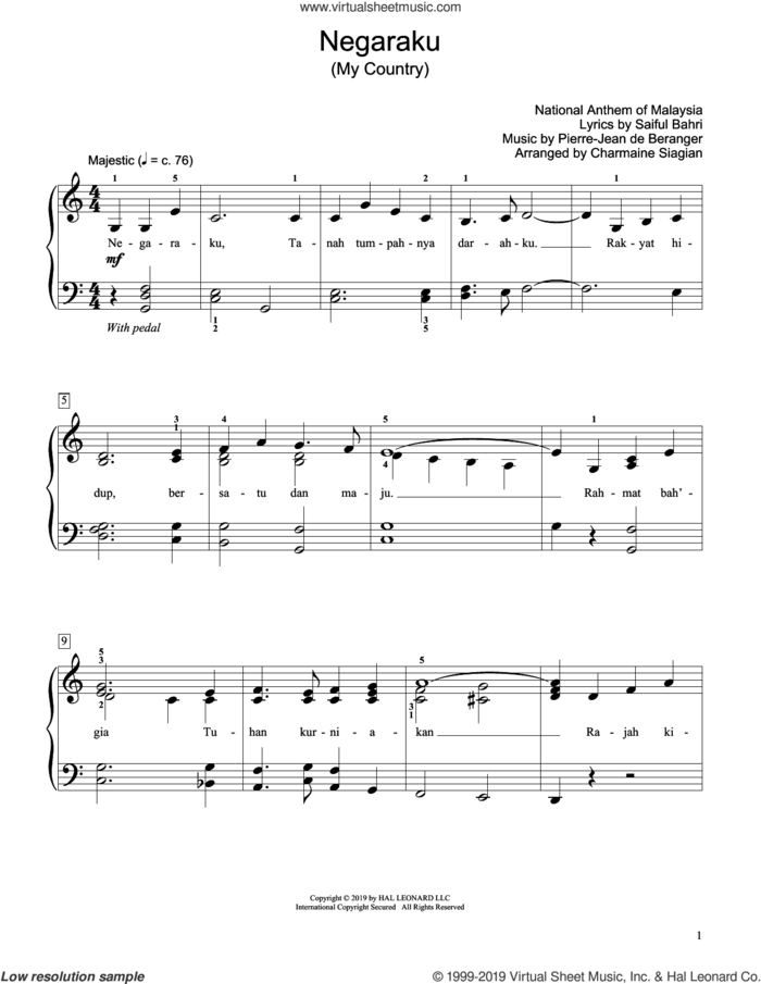 My Country (Negaraku) (arr. Charmaine Siagian) sheet music for piano solo (elementary) by Saiful Bahri, Charmaine Siagian and Pierre-Jean de Beranger, beginner piano (elementary)