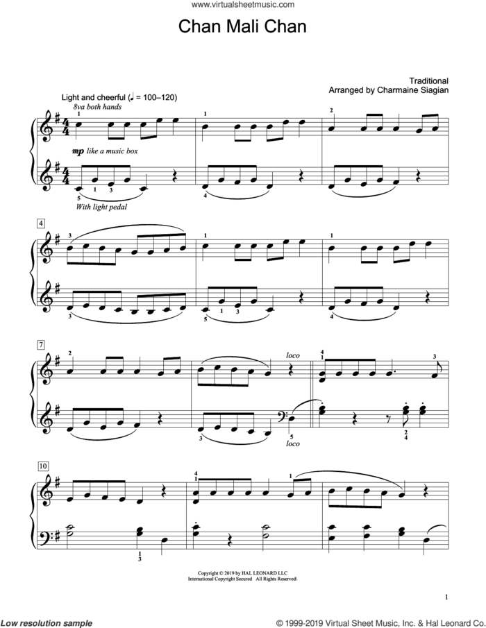Chan Mali Chan (arr. Charmaine Siagian) sheet music for piano solo (elementary)  and Charmaine Siagian, beginner piano (elementary)
