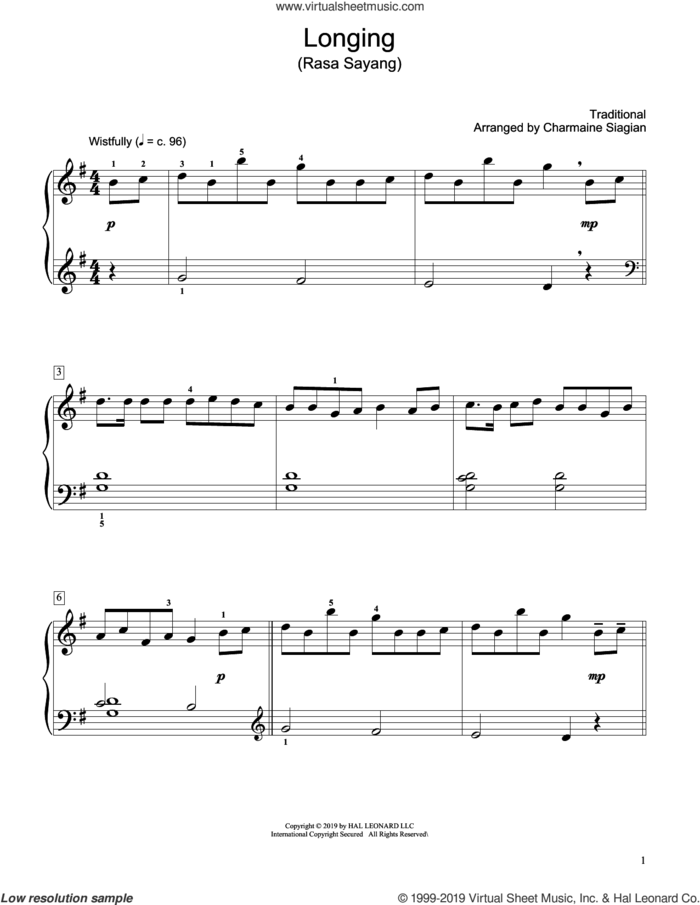 Longing (Rasa Sayang) (arr. Charmaine Siagian) sheet music for piano solo (elementary)  and Charmaine Siagian, beginner piano (elementary)