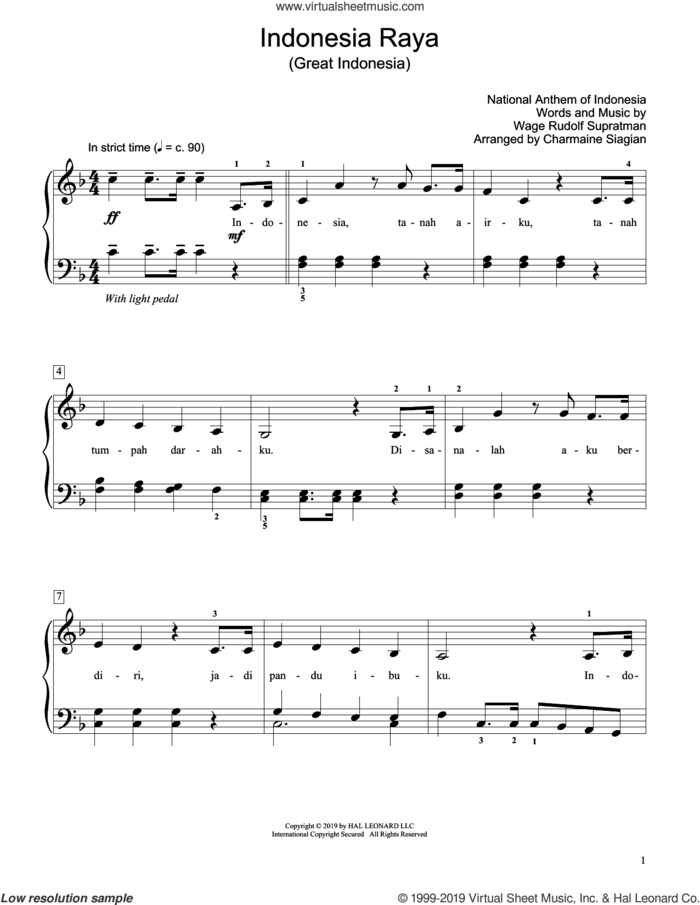 Great Indonesia (Indonesia Raya) (arr. Charmaine Siagian) sheet music for piano solo (elementary) by Wage Rudolf Supratman and Charmaine Siagian, beginner piano (elementary)
