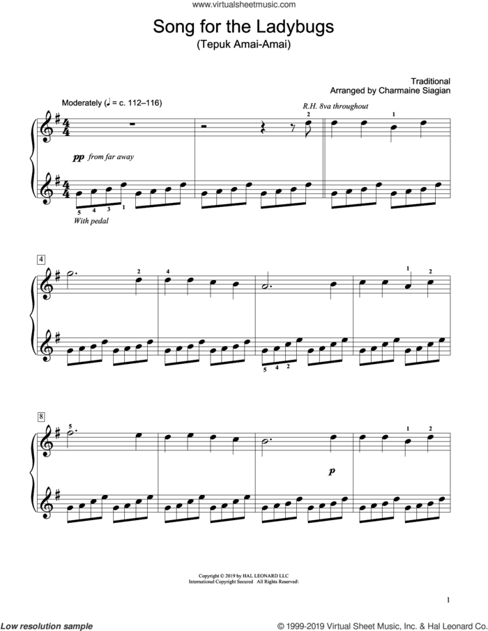 Song For The Ladybugs (Tepuk Amai-Amai) (arr. Charmaine Siagian) sheet music for piano solo (elementary)  and Charmaine Siagian, beginner piano (elementary)