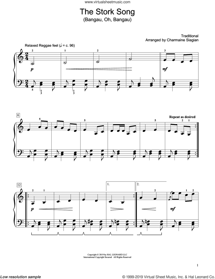 The Stork Song (Bangau Oh Bangau) (arr. Charmaine Siagian) sheet music for piano solo (elementary)  and Charmaine Siagian, beginner piano (elementary)
