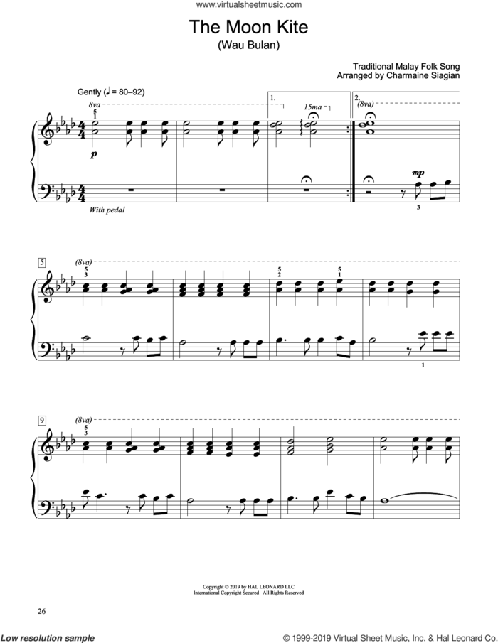 The Moon Kite (Wau Bulan) (arr. Charmaine Siagian) sheet music for piano solo (elementary) by Traditional Malay Folk Song and Charmaine Siagian, beginner piano (elementary)