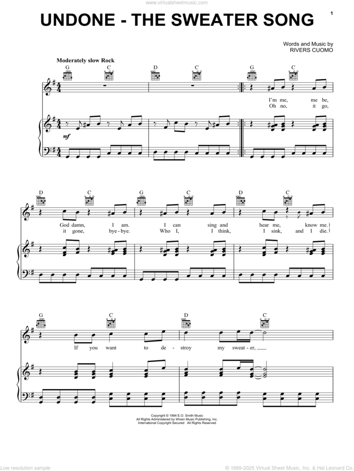 Undone - The Sweater Song sheet music for voice, piano or guitar by Weezer and Rivers Cuomo, intermediate skill level