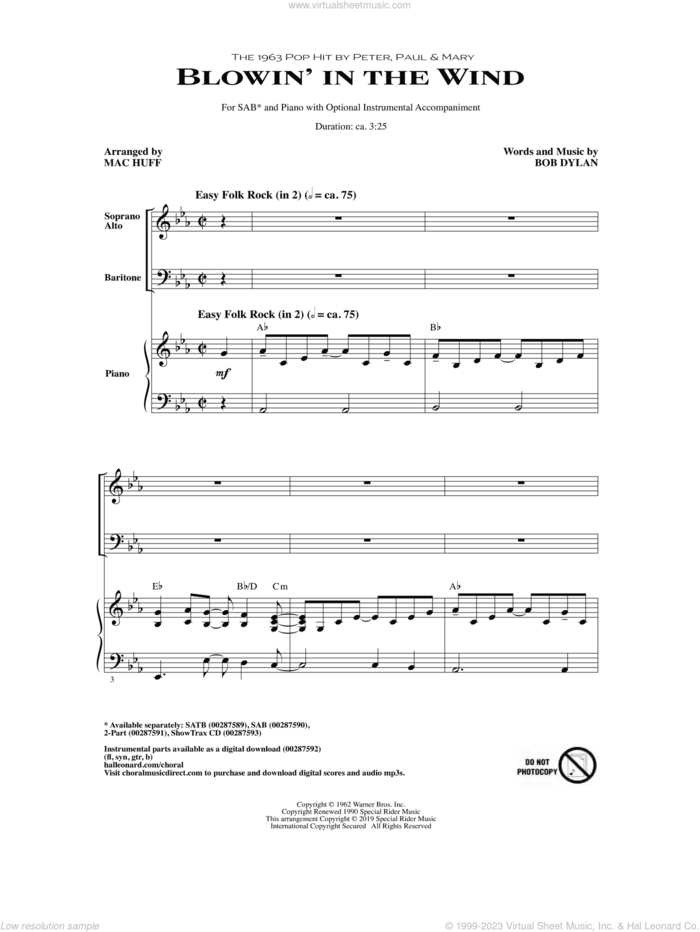 Blowin' In The Wind (arr. Mac Huff) sheet music for choir (SAB: soprano, alto, bass) by Peter, Paul & Mary, Mac Huff and Bob Dylan, intermediate skill level