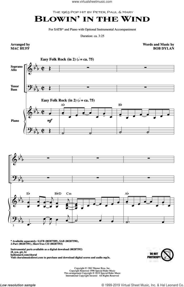 Blowin' In The Wind (arr. Mac Huff) sheet music for choir (SATB: soprano, alto, tenor, bass) by Peter, Paul & Mary, Mac Huff and Bob Dylan, intermediate skill level