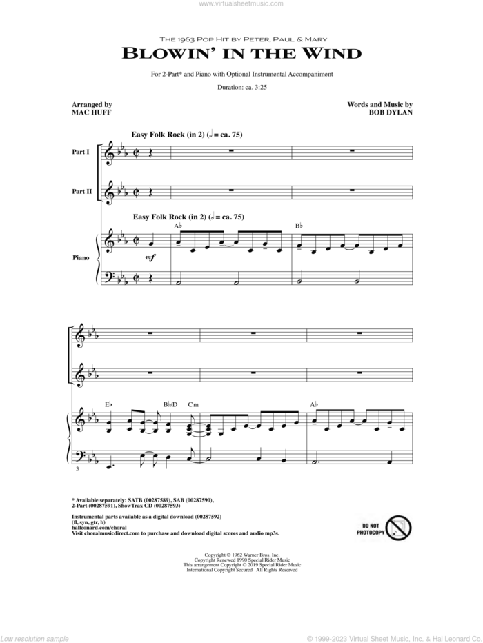 Blowin' In The Wind (arr. Mac Huff) sheet music for choir (2-Part) by Peter, Paul & Mary, Mac Huff and Bob Dylan, intermediate duet