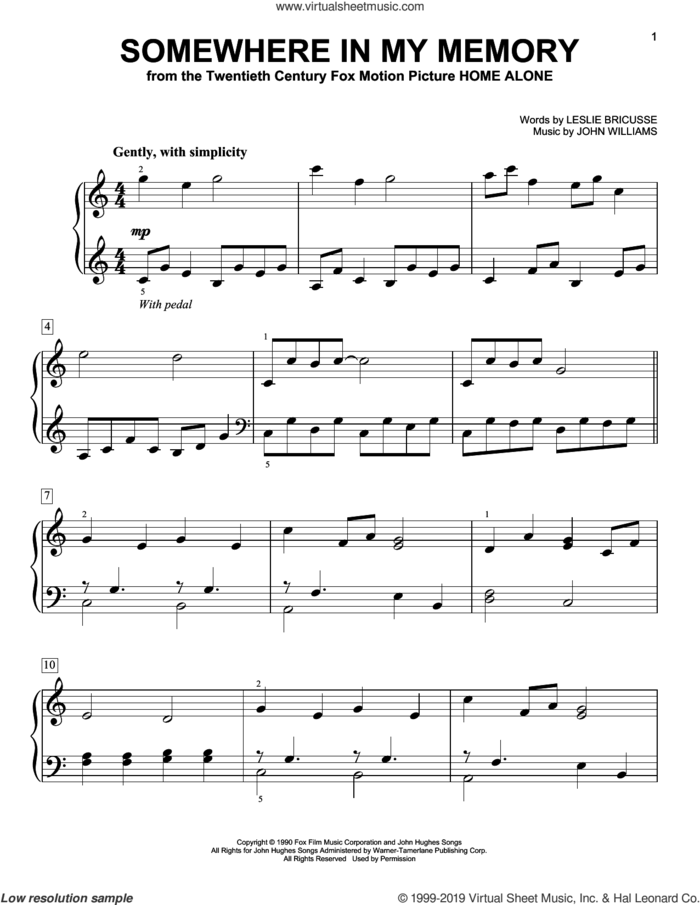 Somewhere In My Memory (from Home Alone), (easy) (from Home Alone) sheet music for piano solo by John Williams and Leslie Bricusse, easy skill level