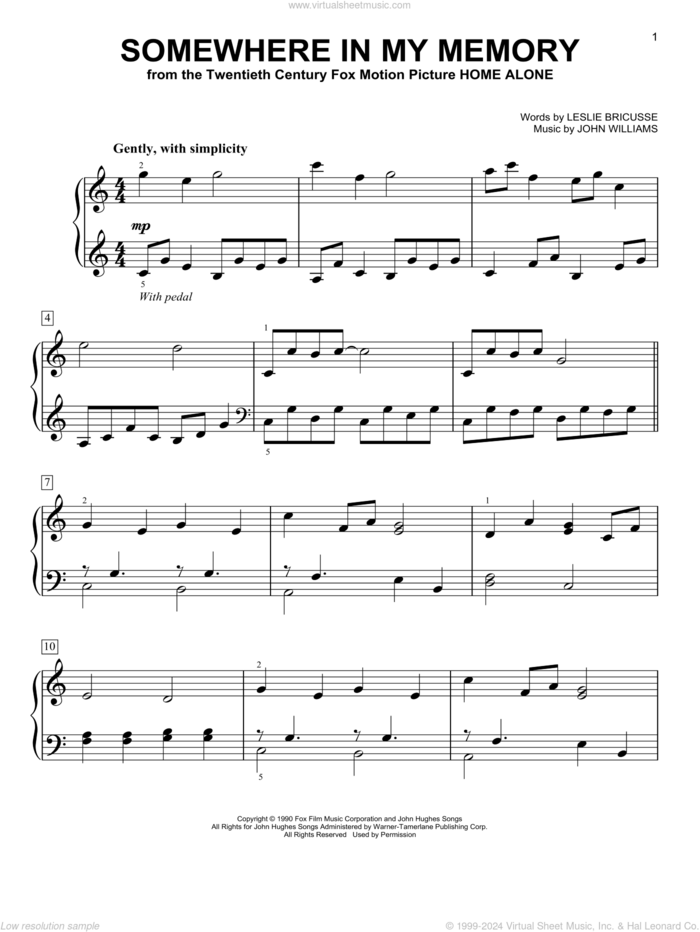 Somewhere In My Memory (from Home Alone), (easy) (from Home Alone) sheet music for piano solo by John Williams and Leslie Bricusse, easy skill level