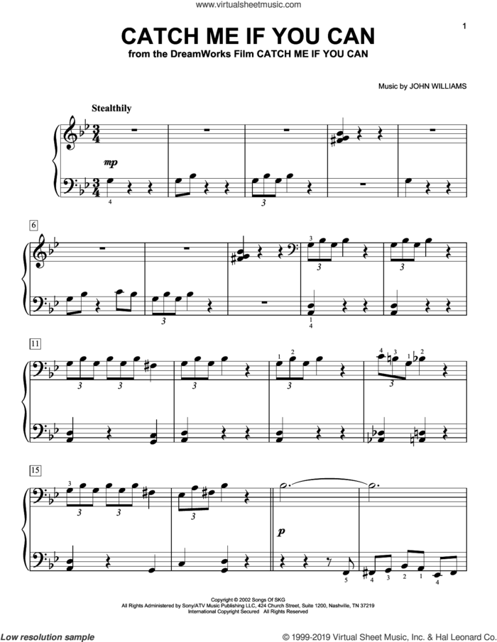 Catch Me If You Can, (easy) sheet music for piano solo by John Williams, easy skill level