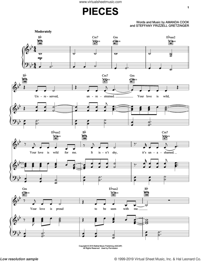 Pieces sheet music for voice, piano or guitar by Amanda Cook, Bethel Music and Steffany Frizzell Gretzinger, intermediate skill level