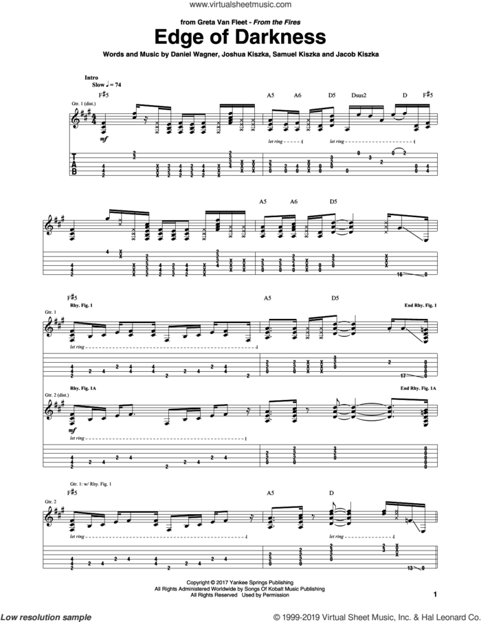 Edge Of Darkness sheet music for guitar (tablature) by Greta Van Fleet, Daniel Wagner, Jacob Kiszka, Joshua Kiszka and Samuel Kiszka, intermediate skill level
