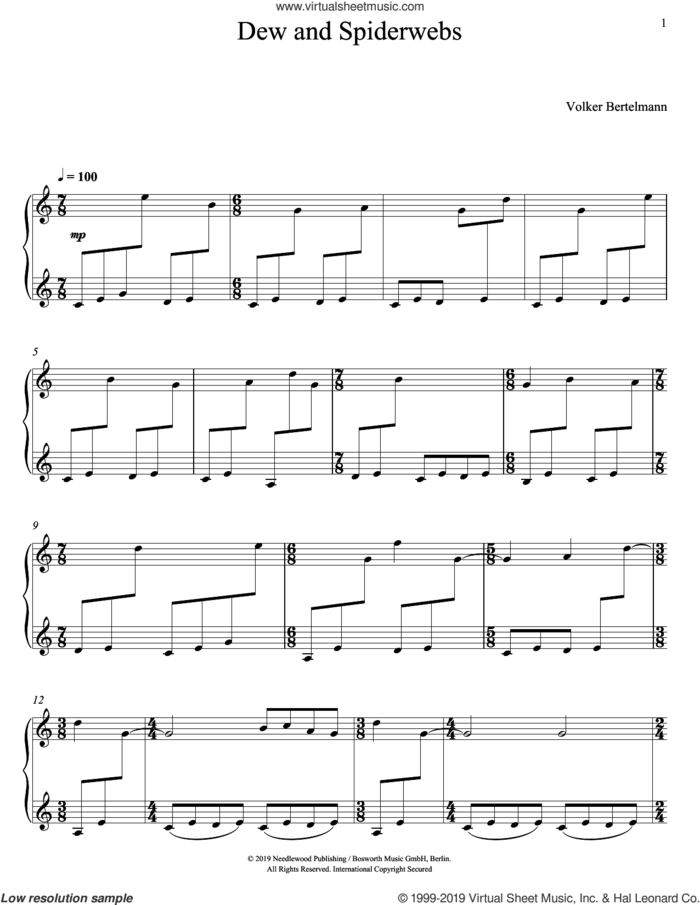 Dew And Spiderwebs sheet music for piano solo by Hauschka and Volker Bertelmann, classical score, intermediate skill level