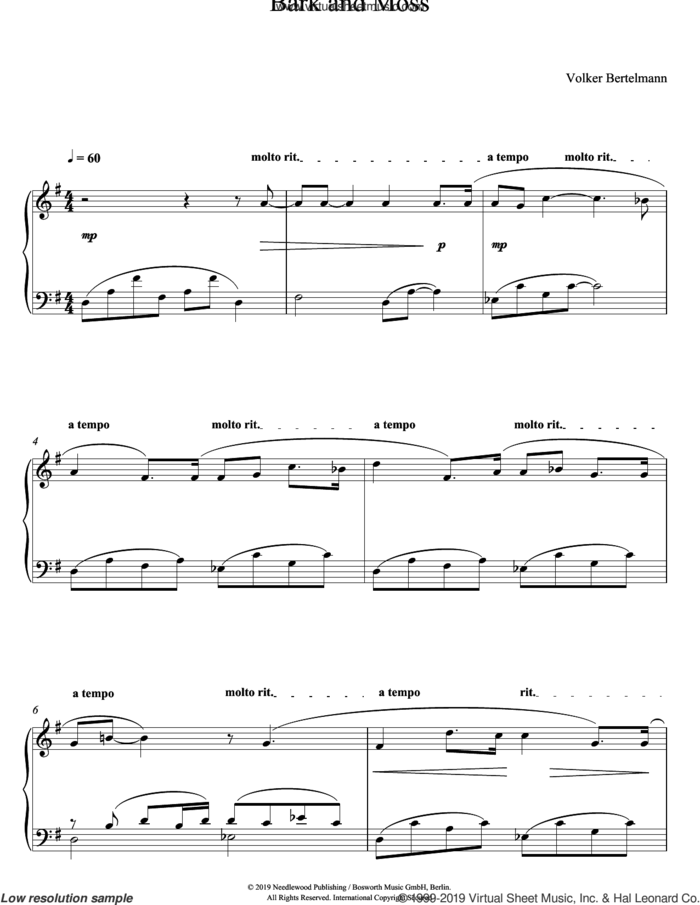 Bark And Moss sheet music for piano solo by Hauschka and Volker Bertelmann, classical score, intermediate skill level