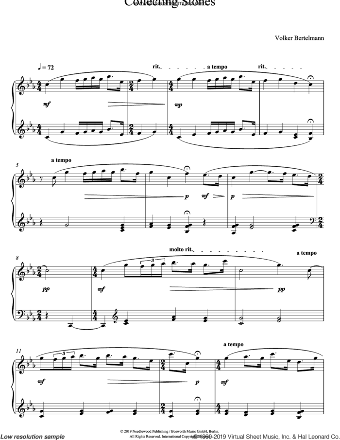 Collecting Stones sheet music for piano solo by Hauschka and Volker Bertelmann, classical score, intermediate skill level