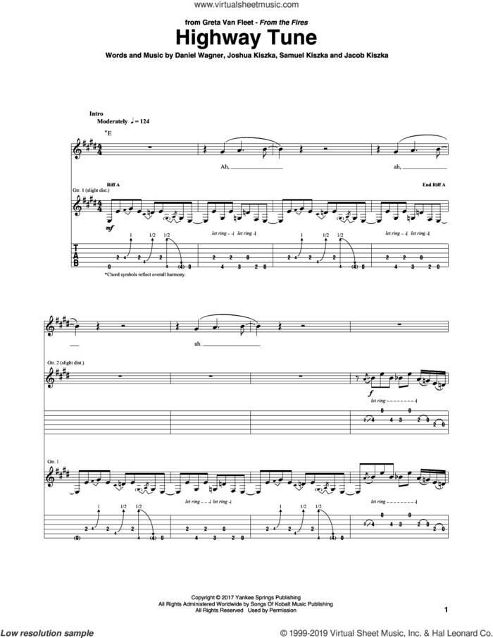 Highway Tune sheet music for guitar (tablature) by Greta Van Fleet, Daniel Wagner, Jacob Kiszka, Joshua Kiszka and Samuel Kiszka, intermediate skill level